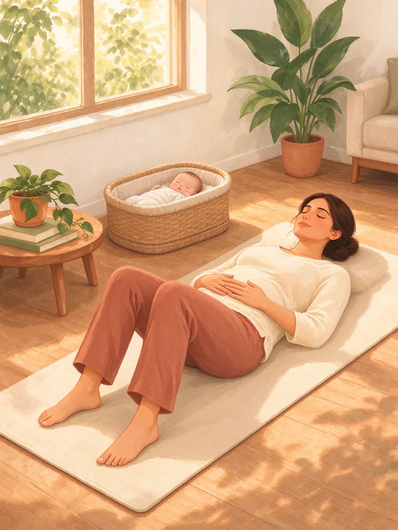 A mother breathing slowly on a mat beside her sleeping baby