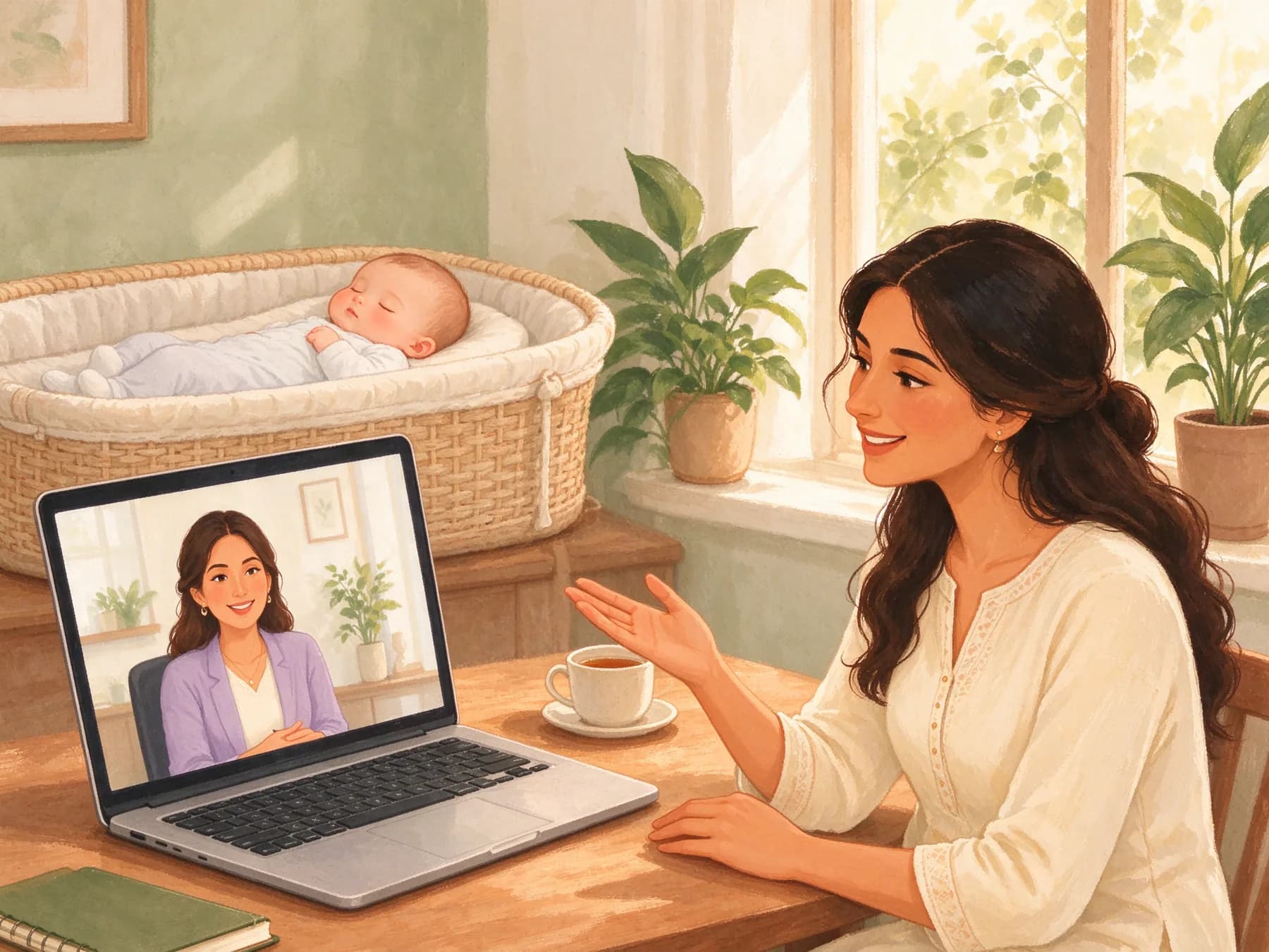 A mother on a video call with her coach while her baby sleeps