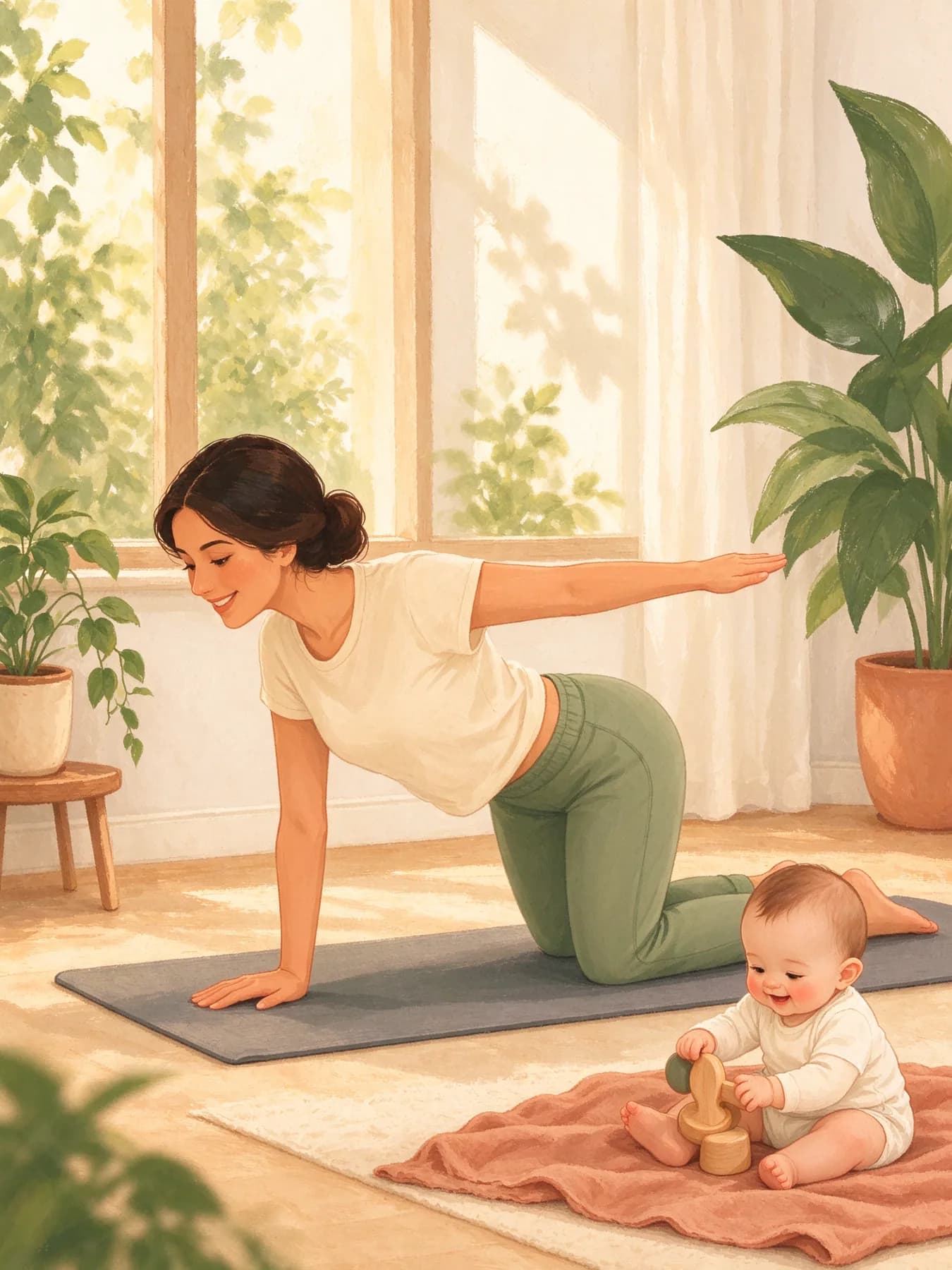 A mother doing a gentle core exercise on a mat beside her baby