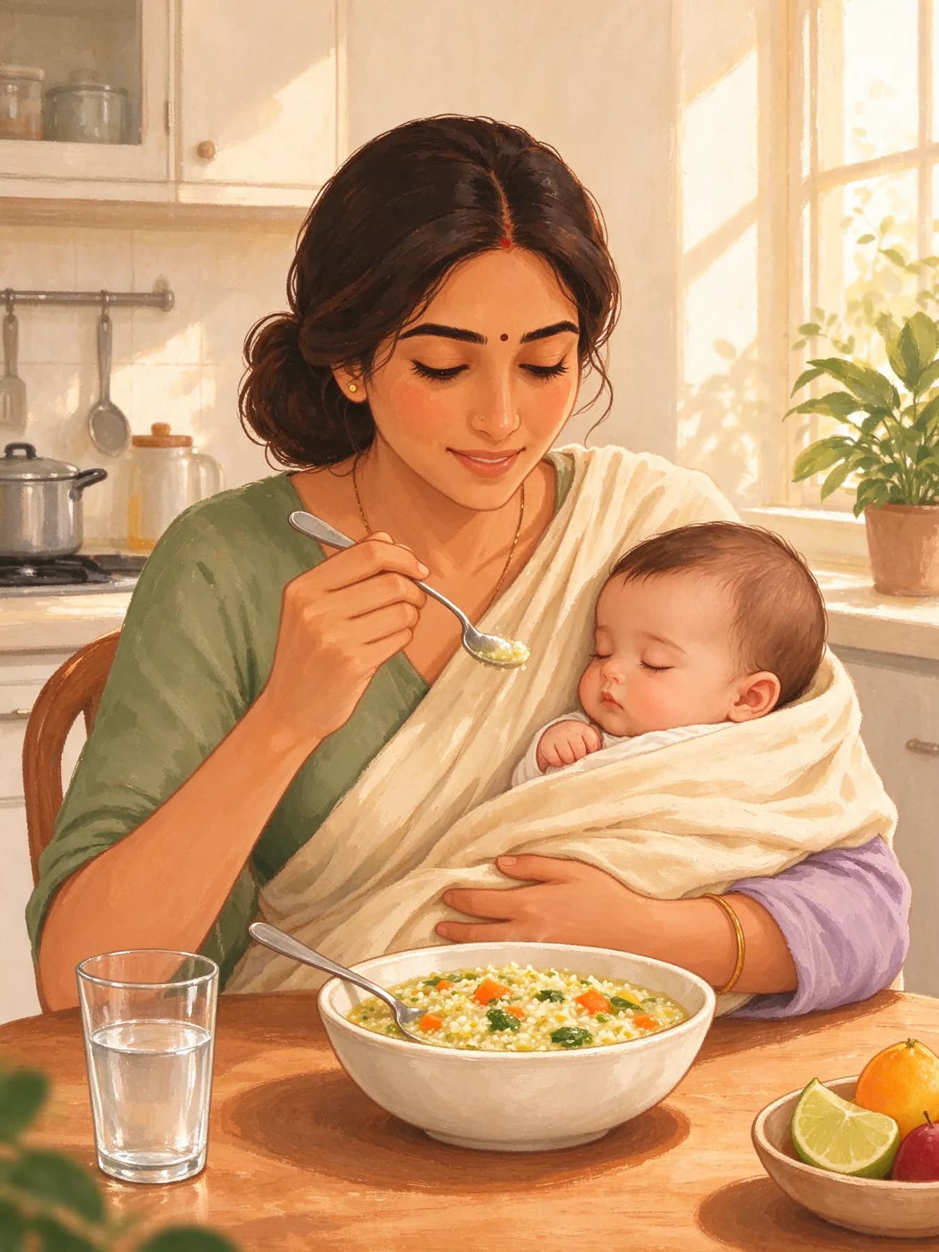 A mother eating a bowl of khichdi while holding her baby