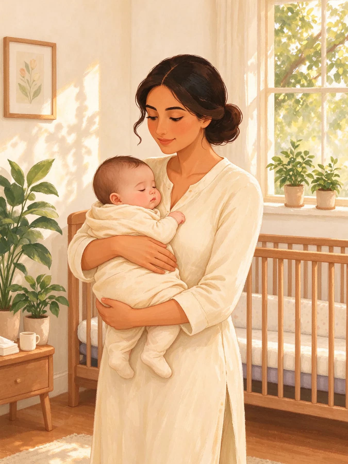 A mother standing tall, holding her baby in the nursery