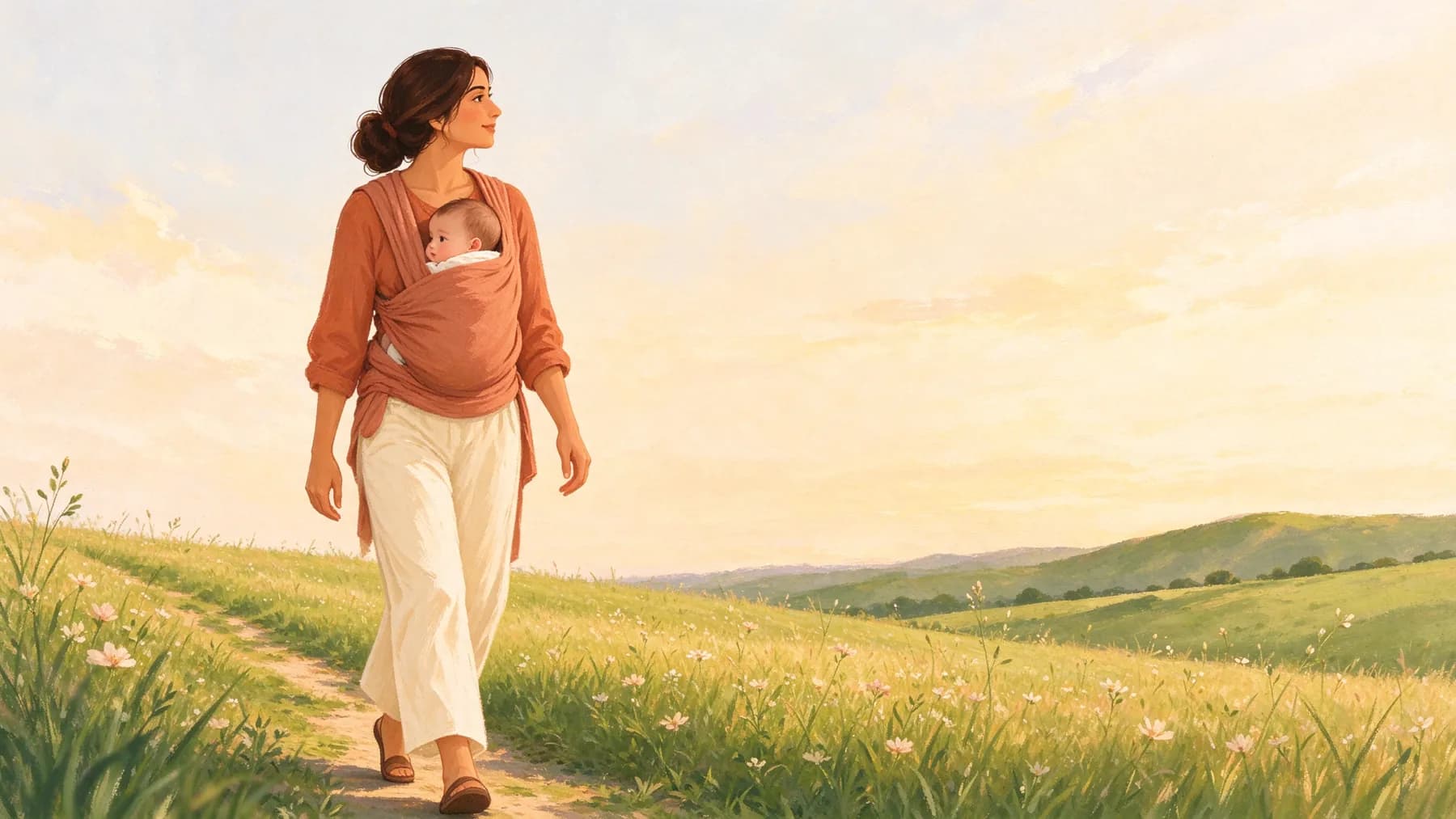 A mother walking along a meadow path, carrying her baby in a carrier