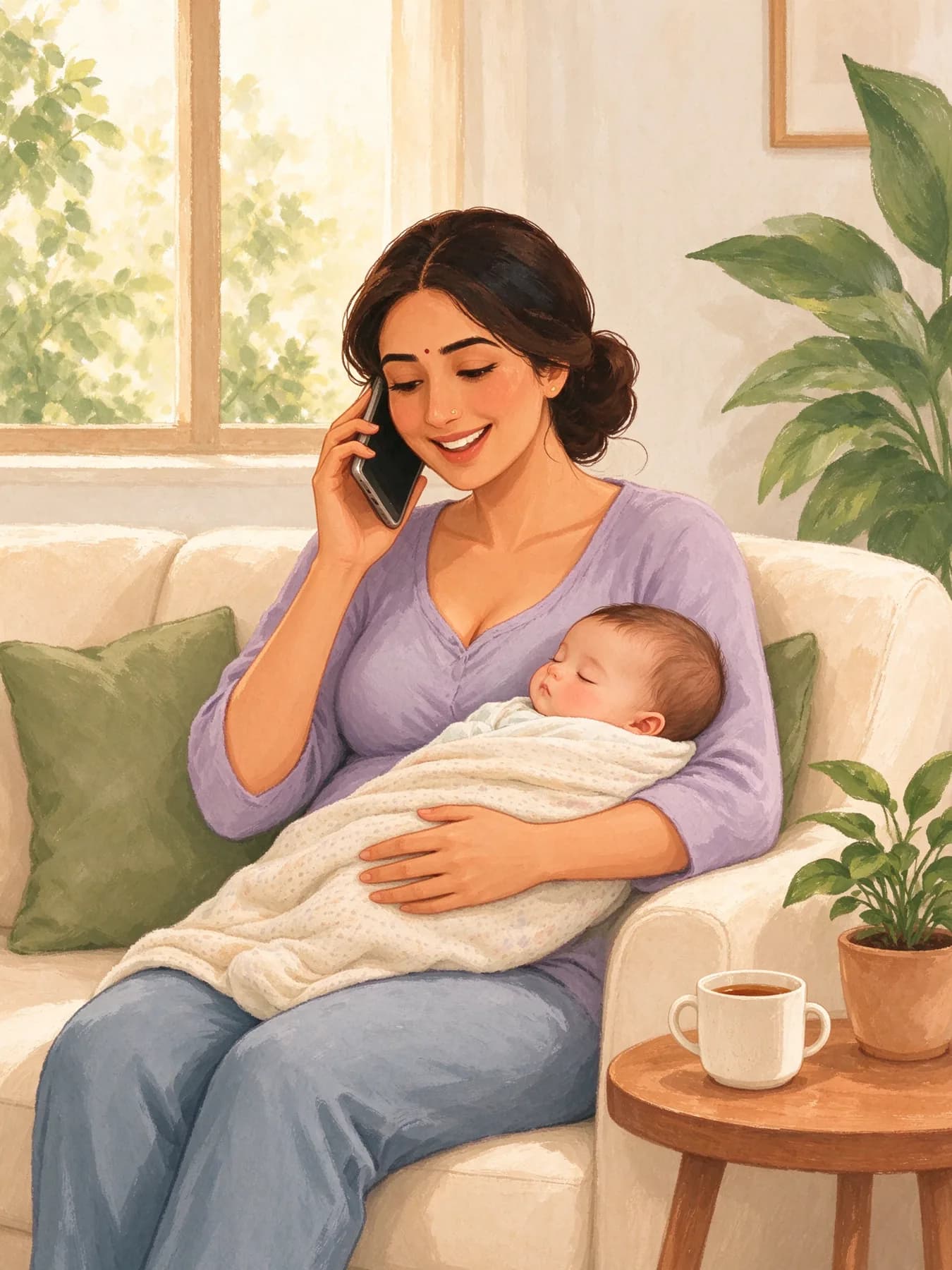 A mother on a phone call with her baby asleep on her chest