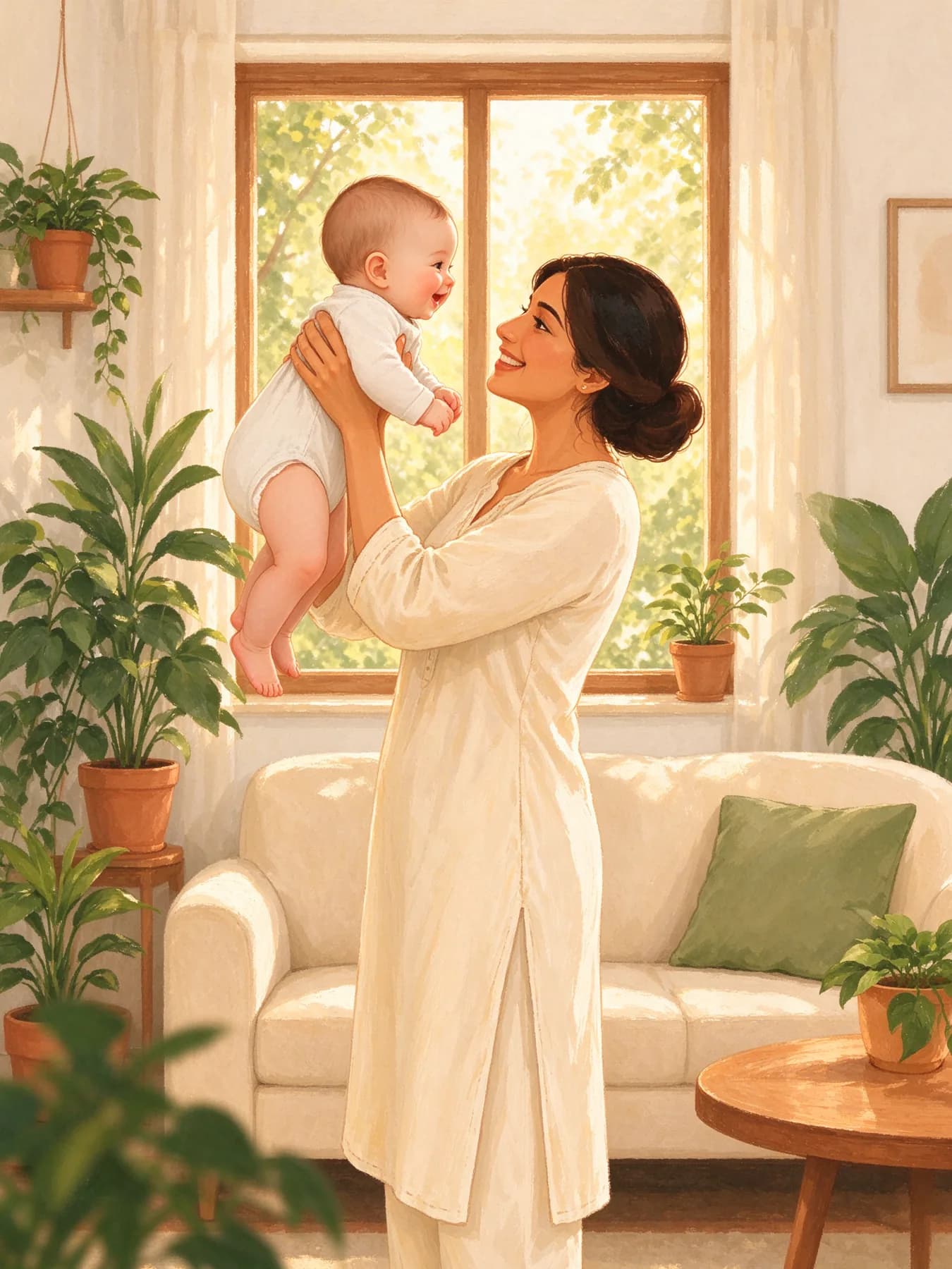 A mother lifting her baby up in a sunlit room, both smiling