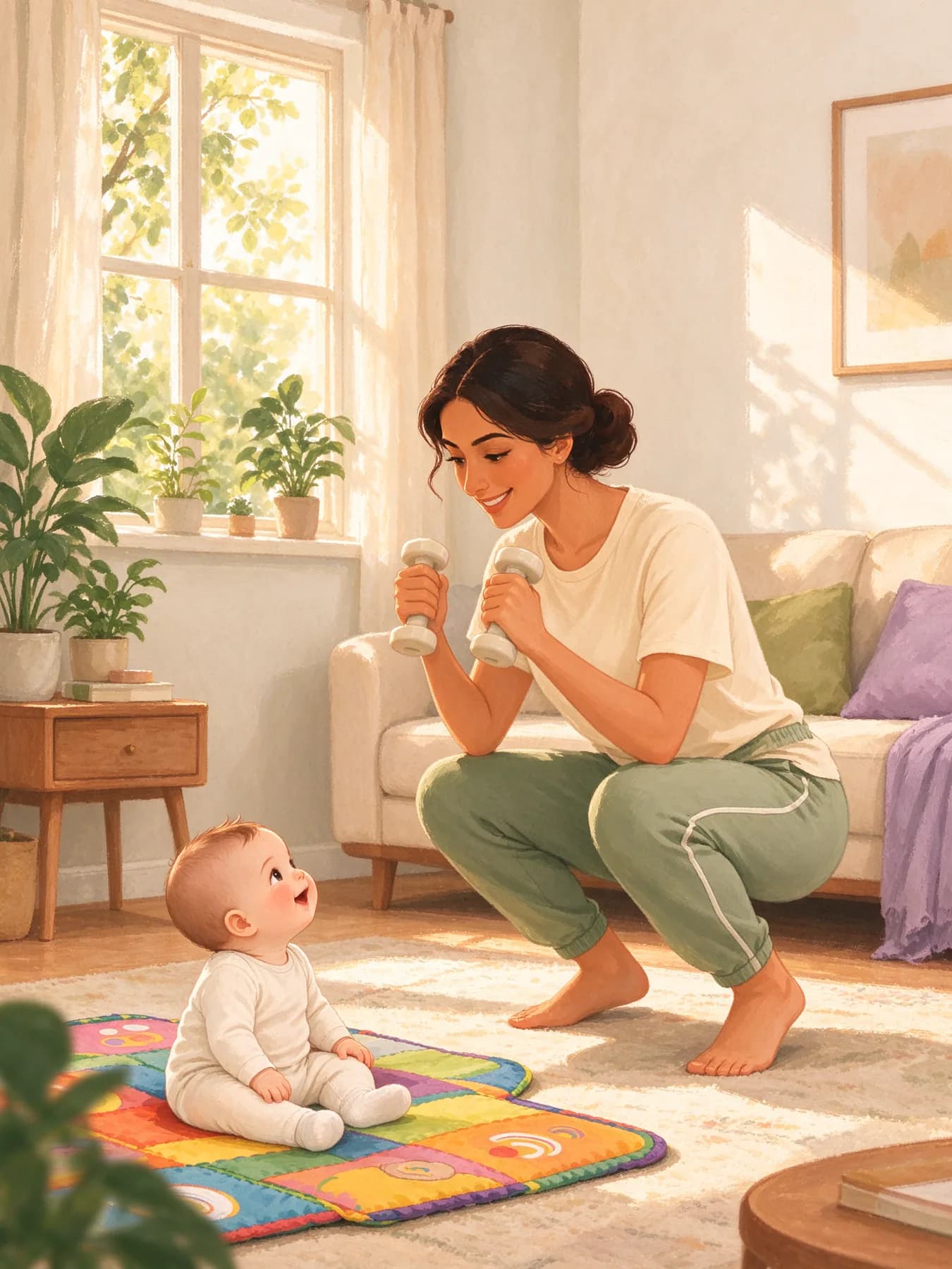 A mother doing a squat with light dumbbells as her baby watches