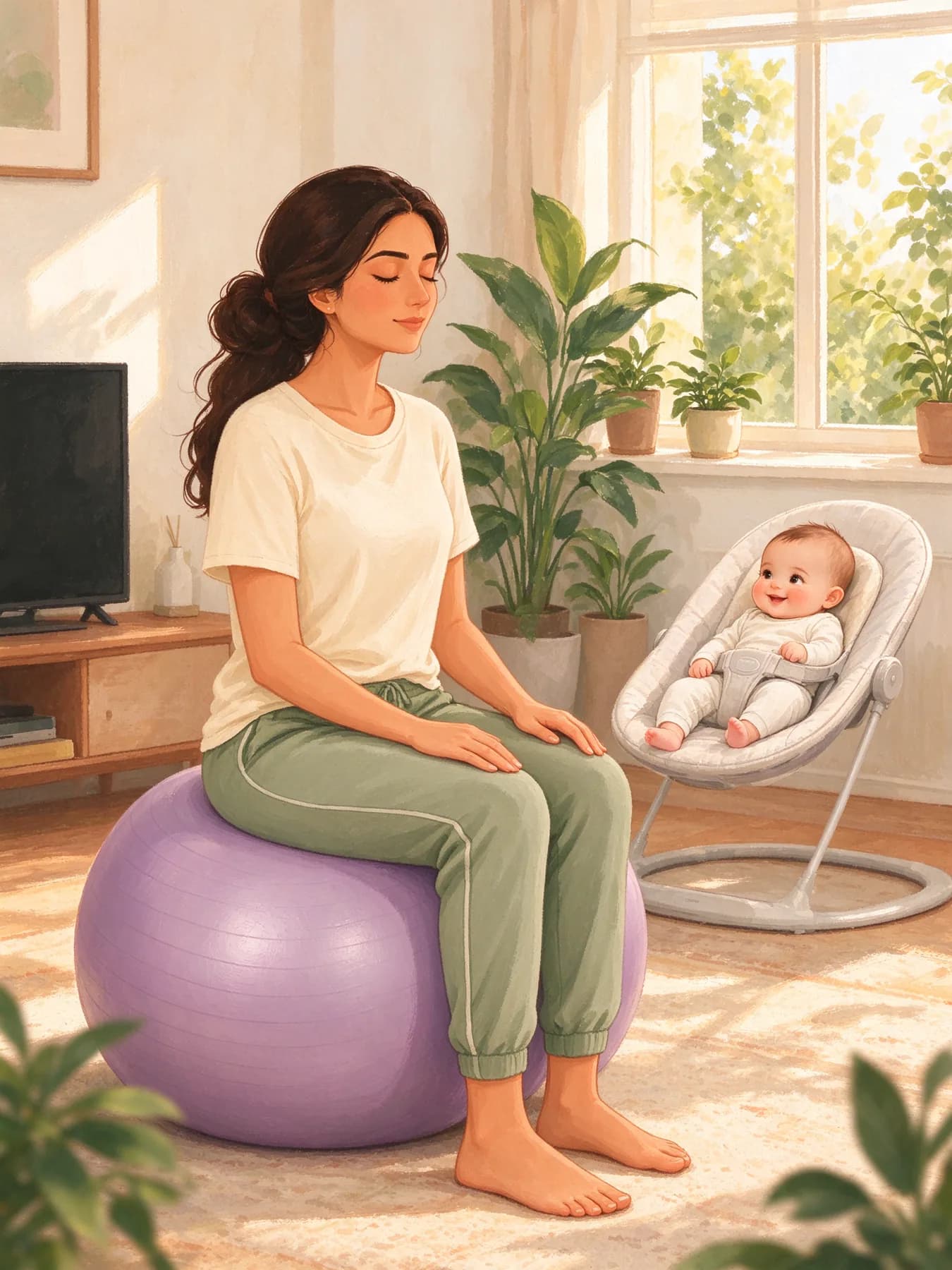 A mother sitting on an exercise ball, breathing calmly