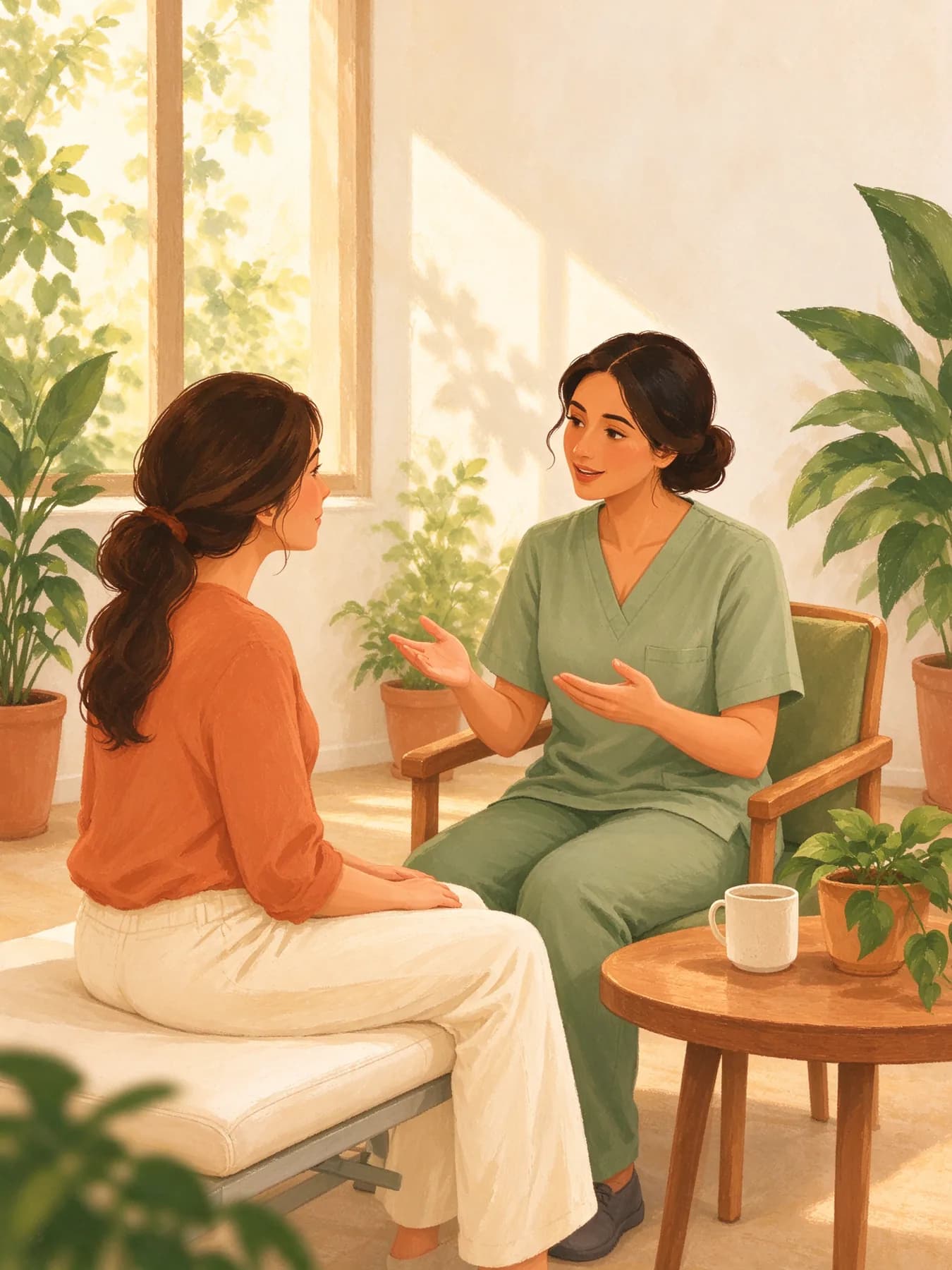 A physiotherapist explaining a breathing exercise to a mother