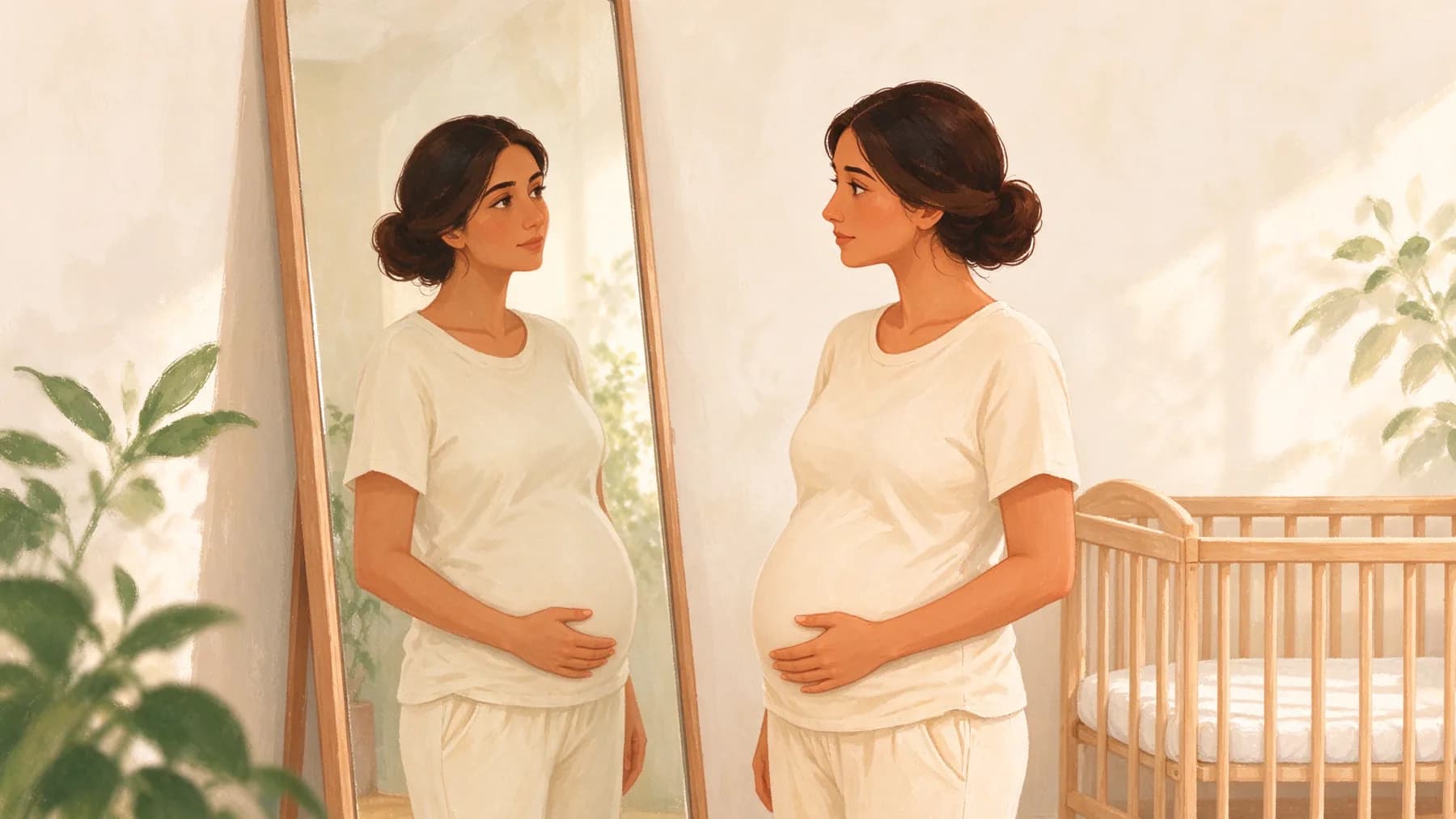 A mother looking at her tummy in the bedroom mirror