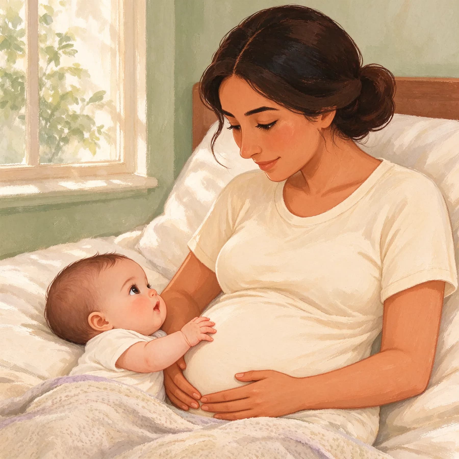 A mother resting her hands on her tummy as her baby reaches up